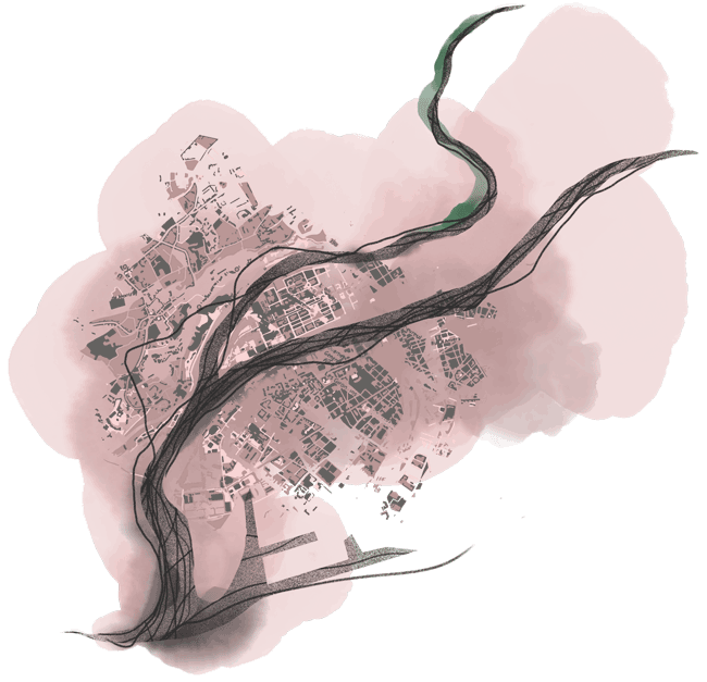 Représentation artistique et rêveuse du quartier Confluences, à Lyon. Illustration signée Marianne Favier, illustratrice et graphiste. 