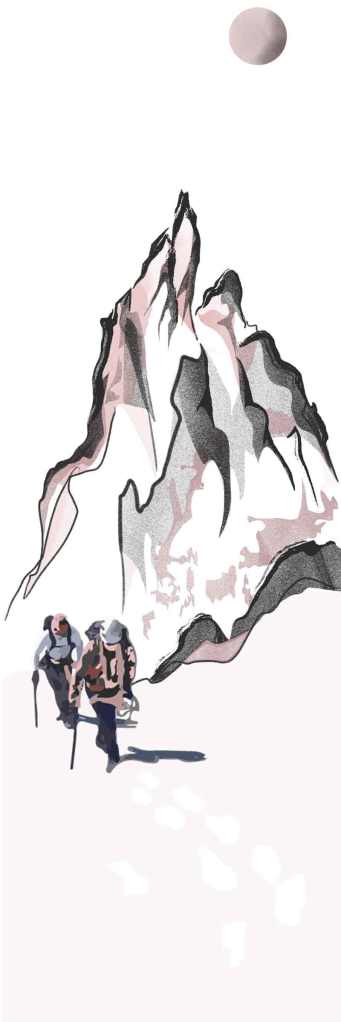 Paysage hostile de montagne aux couleurs douces. Deux alpinistes émergent, cheminant péniblement, encordés. Illustration originale de Marianne Favier, graphiste et illustratrice. 